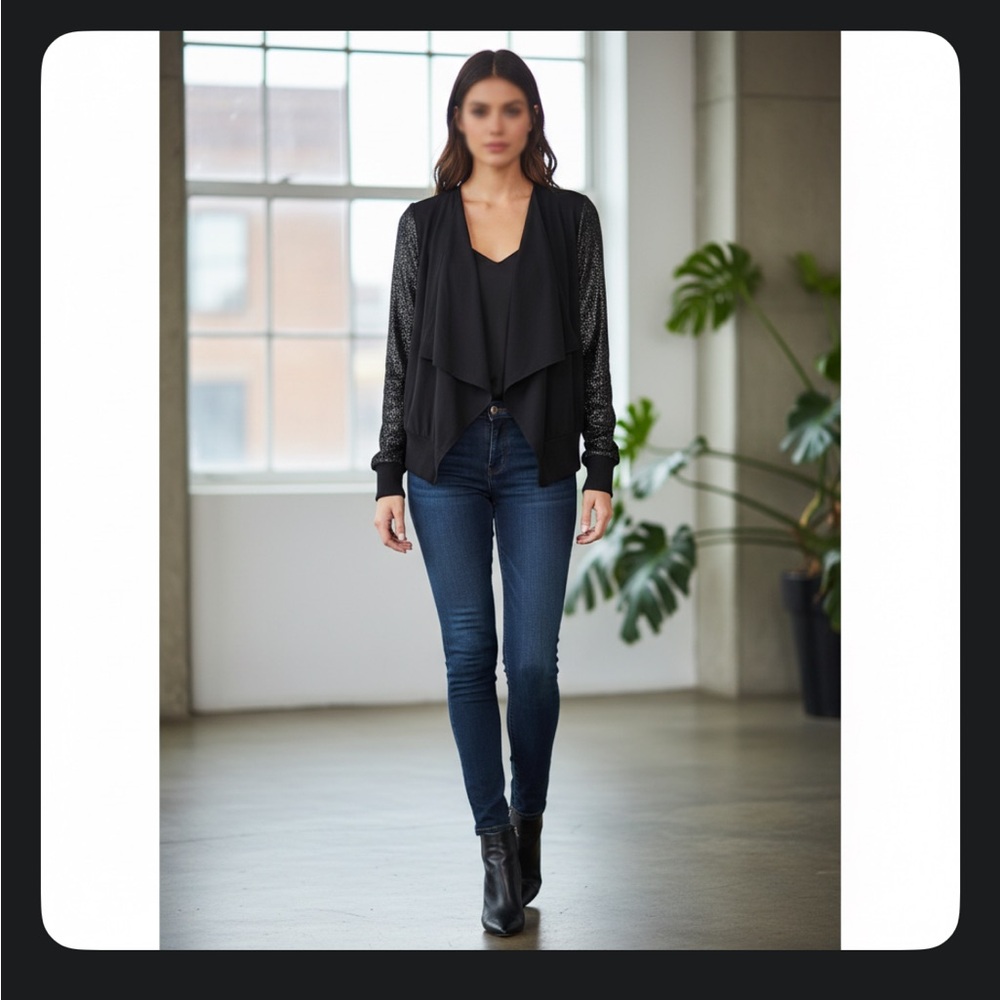 BCBGeneration Black Draped Mixed Media Metallic Sleeve/Bomber Jacket/SZ/SM
